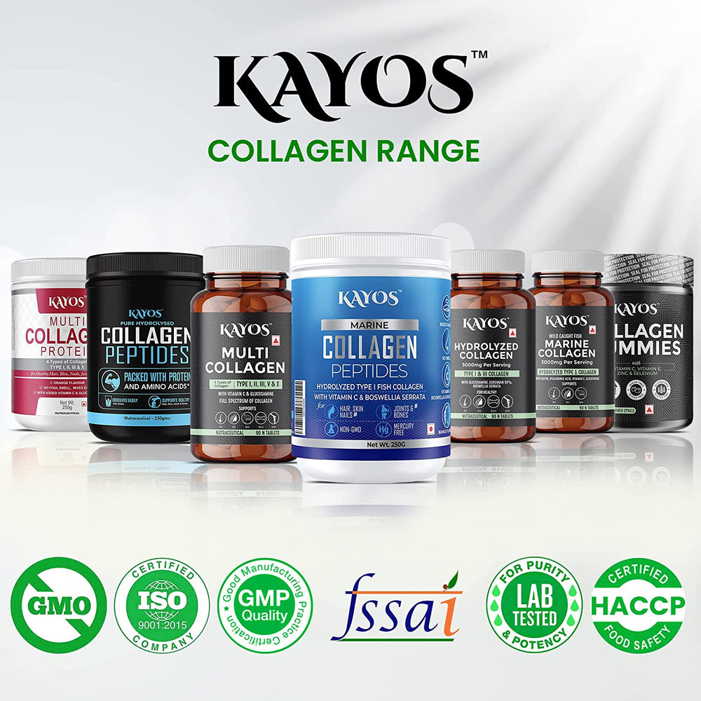 KAYOS Marine Collagen Tablets – 3000mg Type 1 Collagen Hydrolysate Fish Amino Acids – with Biotin, Hyaluronic Acid, Vitamin C, Glutathione – Bone Joint Hair Skin Nail Supplement - (90 pc)