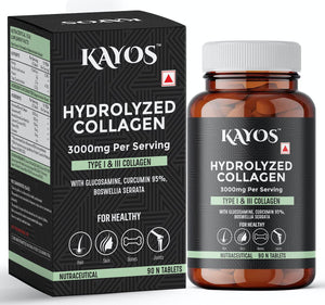 KAYOS Hydrolyzed Collagen Peptides Tablets (90pc) – 3000mg Type 1 & 3 Collagen Supplement for Women and Men – with Glucosamine, Curcumin, Boswellia Serrata – Hair, Skin, Bone, and Joint Support