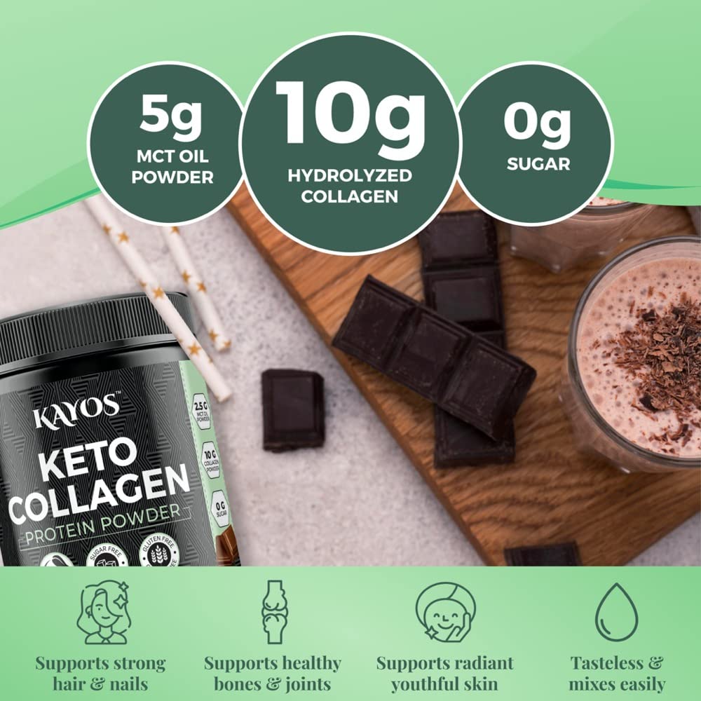 KAYOS Keto Collagen Powder – Collagen Peptides and MCT Oil – Low Carb Protein Powder for Weight Loss - Sugar-Free Chocolate Flavor – 20