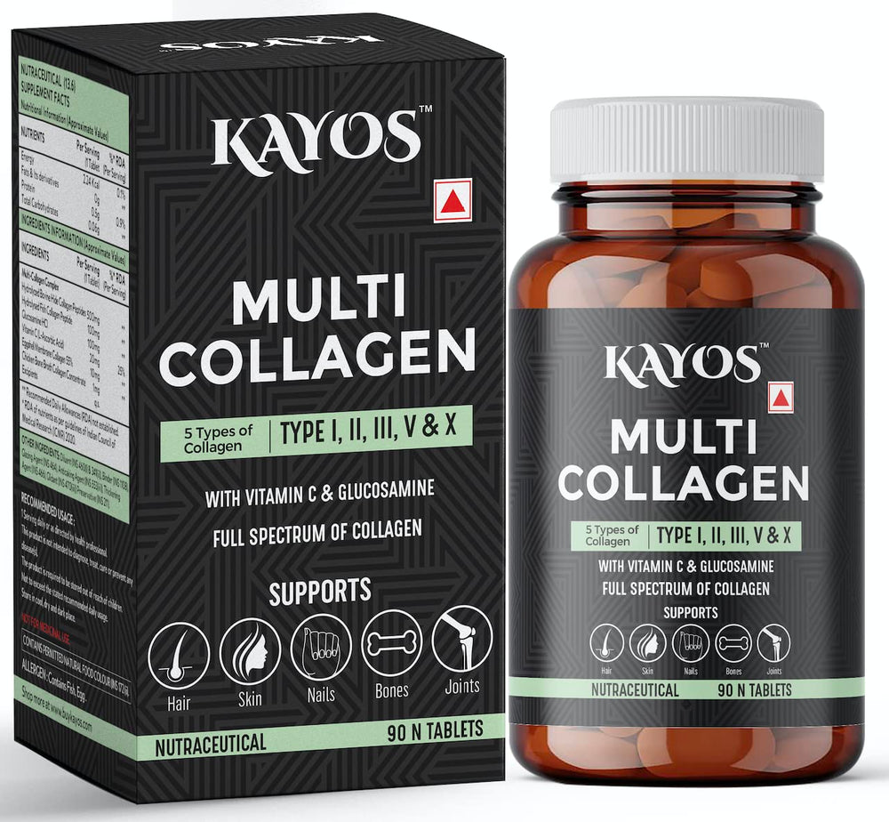 KAYOS Multi Collagen, 90 Tablets | Collagen Peptides Type I, II, III, V & X | Bone & Joint Support Hair Skin Nail Supplement for Men and Women | Vital Protein Collagen with Vitamin C, Glucosamine