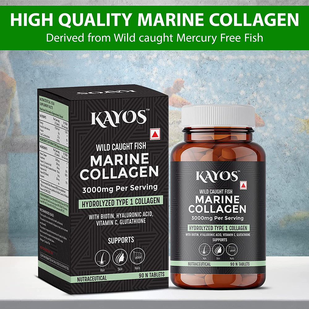 KAYOS Marine Collagen Tablets – 3000mg Type 1 Collagen Hydrolysate Fish Amino Acids – with Biotin, Hyaluronic Acid, Vitamin C, Glutathione – Bone Joint Hair Skin Nail Supplement - (90 pc)