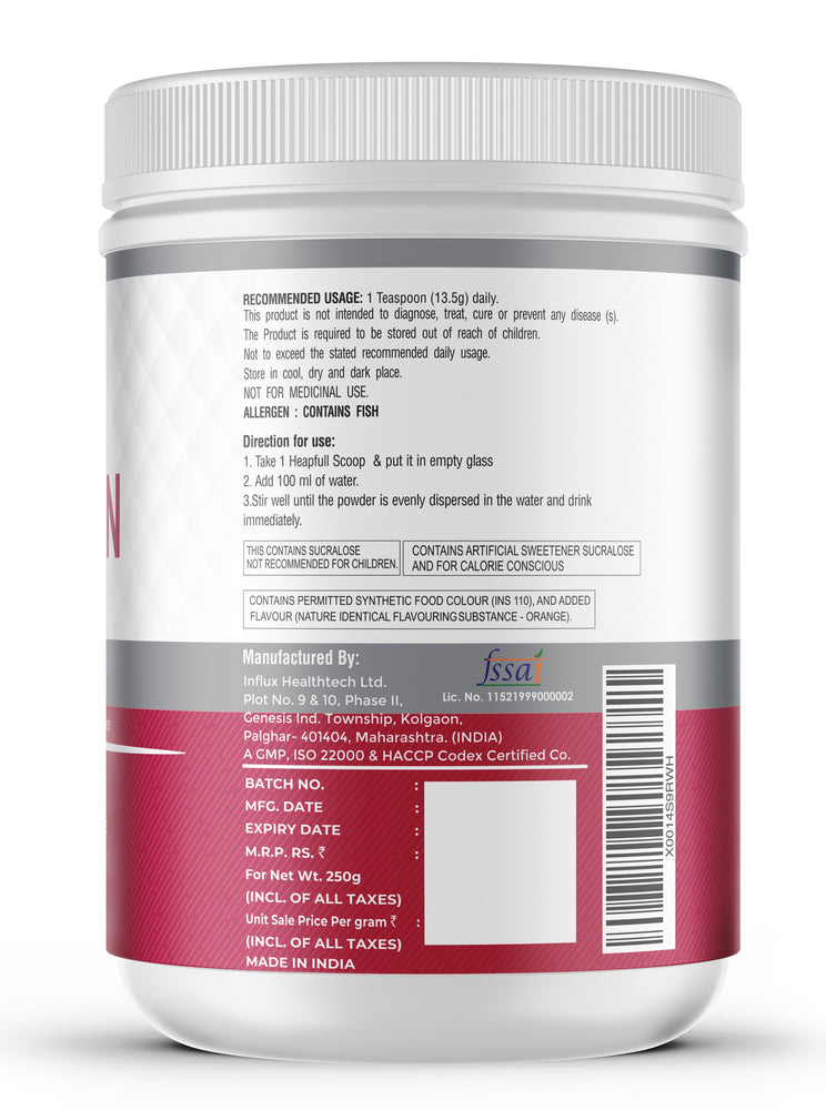 Kayos - Multi Collagen Protein Powder, 250g | Orange | Type I, II, III & X | Enriched with Vitamin C & Glucosamine